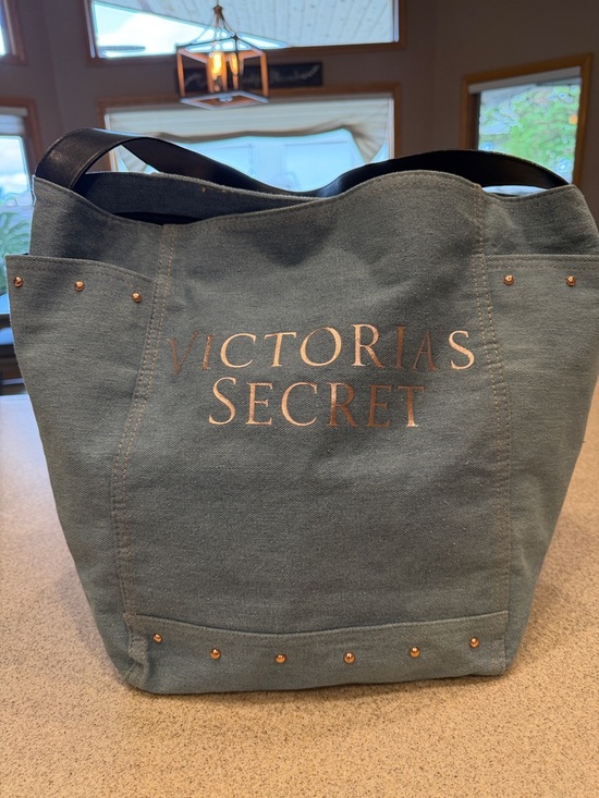 Victoria's Secret Handbags - Victoria's Secret denim Canvas Tote Bag rose gold accents